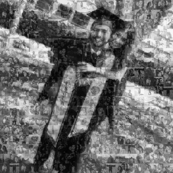 Couple posing for graduation picture in a black and white mosaic collage